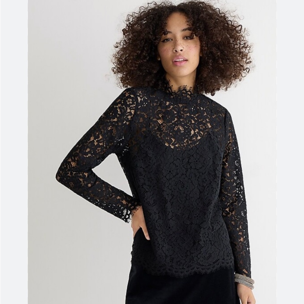 J. Crew Scalloped Mock Neck Lace Long Sleeve Blouse Top